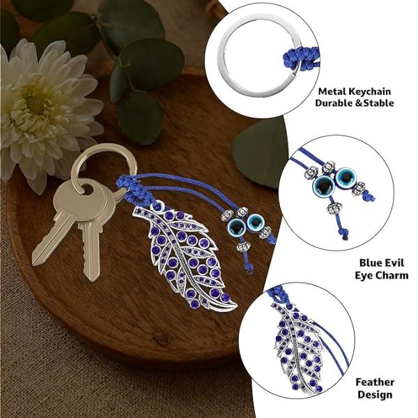 Evil eye keyring feather charm stylish nazar keychain for keys bags and backpacks